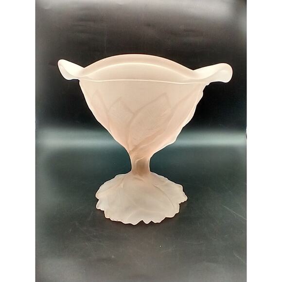 Vintage Imperial Lenox Pink Satin Frosted Glass Leaf Pedestal Candy Dish Marked - Picture 3 of 12